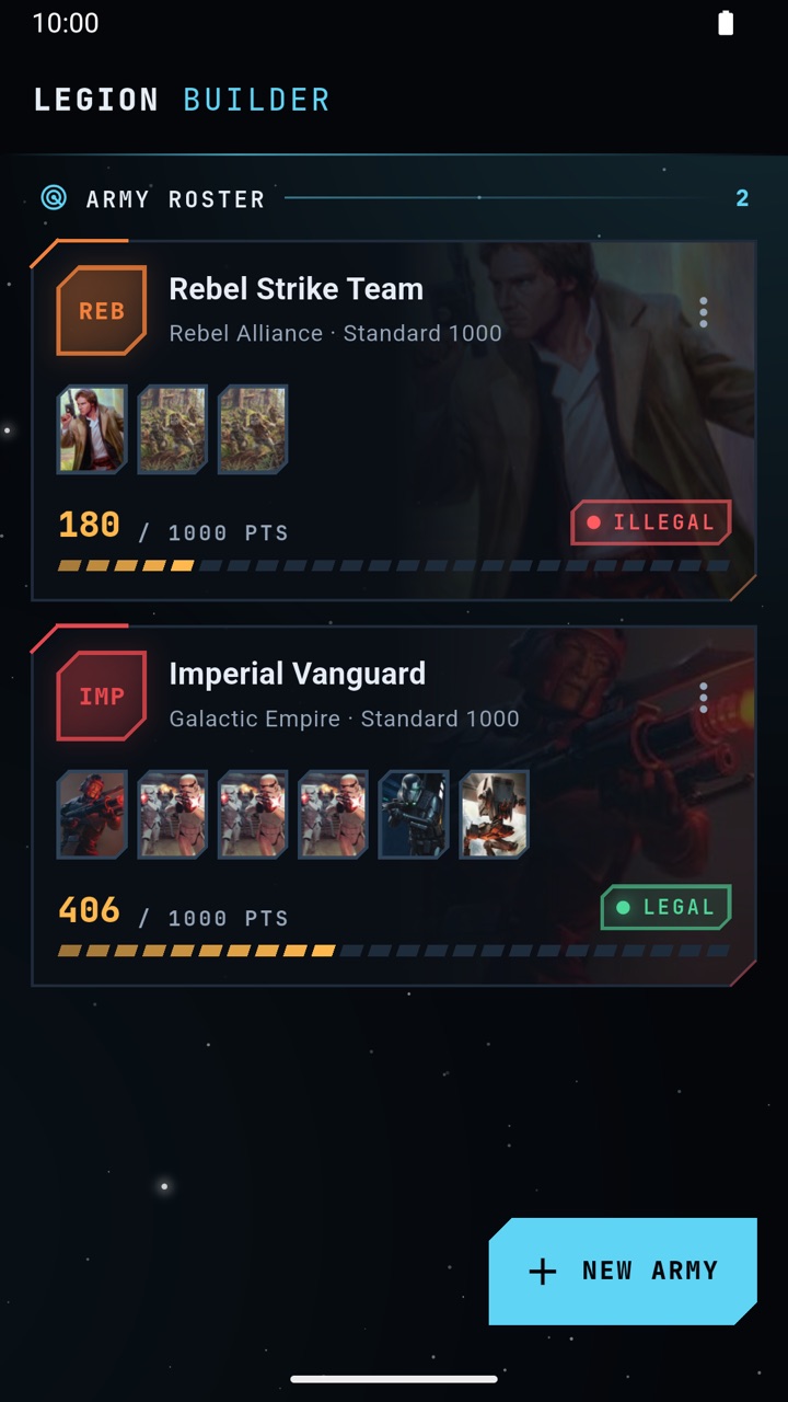 Army roster screen with two saved armies