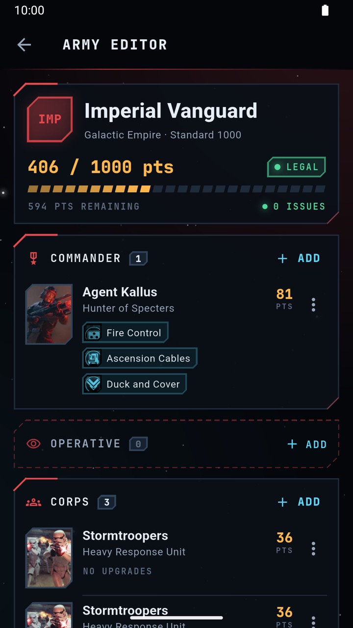 Army editor screen showing an Imperial army at 406 of 1000 points