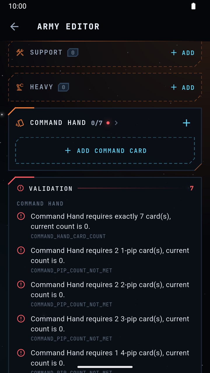 Validation panel listing Command Hand rule errors